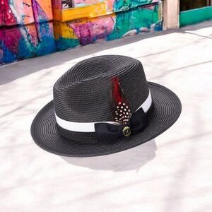 MONTIQUE MENS BLACK 2 1/2" BRIM 2 TONE FEDORA HAT W GROSGRAIN BAND & FEATHER H91